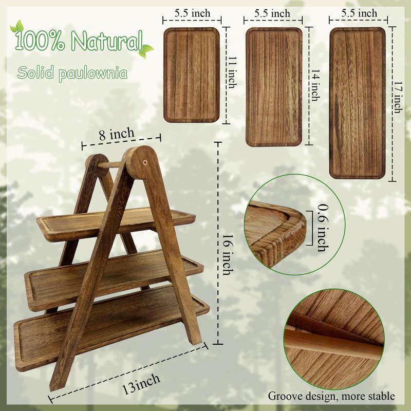 Onkuly Wooden 3 Tier Serving Tray Wood Cupcake Stand Rectangle Serving Platter Food Display Trays for Party, Birthday, Wedding