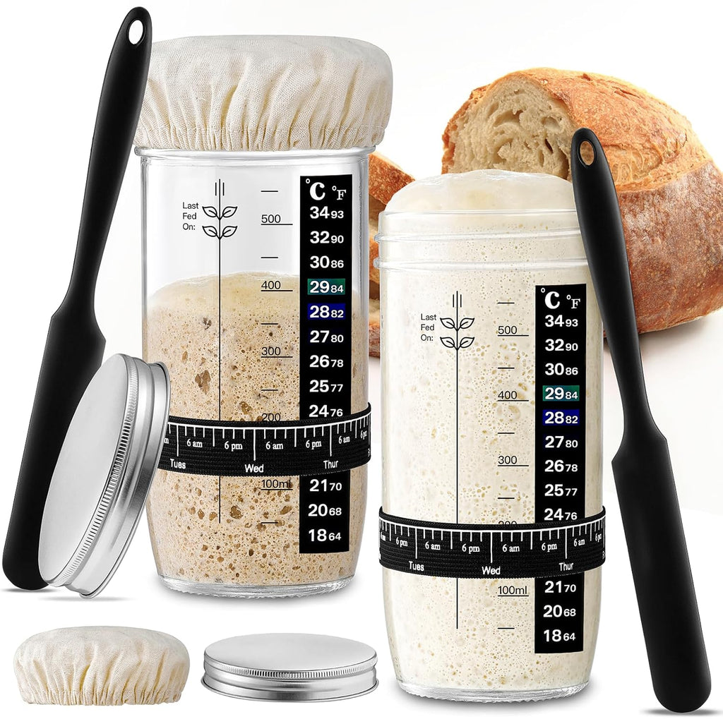 Skiennix Glass Sourdough Starter Jar Set - 24 oz Wide Mouth Kit with Date Marked Band & Thermometer