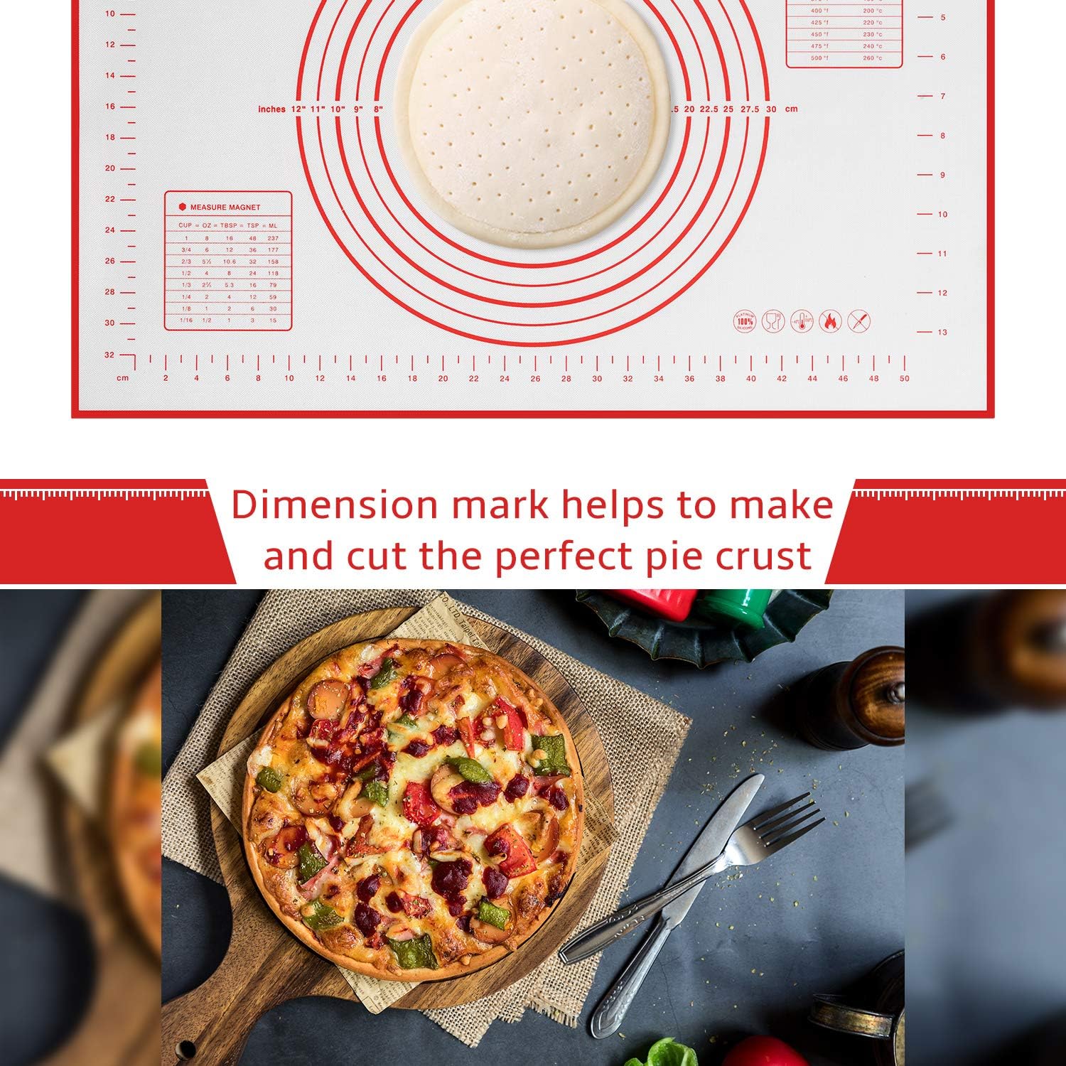 Skiennix Silicone Baking Mat - Non-Slip Pastry Sheet with Measurements | BPA-Free, 24 x 16 Inches, Red + Dough Scraper