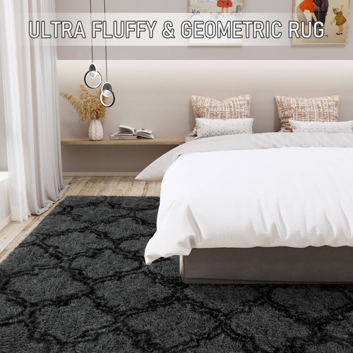 LOCHAS Luxury Shag Area Rug 8 x10 Feet Geometric Plush Fluffy Rugs, Extra Soft Carpet Runner Rugs for Bedroom Living Room Dorm Kids, High Pile Shaggy Floor Rug Decor, Dark Grey/Black