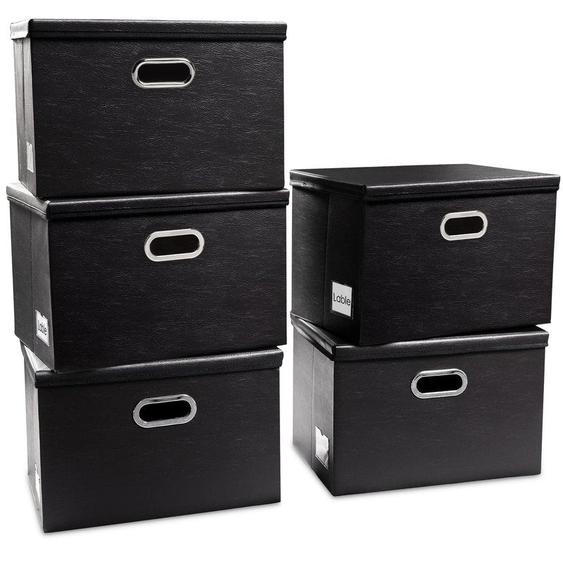PRANDOM Large Stackable Storage Boxes with Lids [5-Pack] Leather Fabric Foldable Storage Bins Organizer Containers Baskets Cubes with Cover for Bedroom Closet Office Nursery Black(17.7x11.8x11.8)