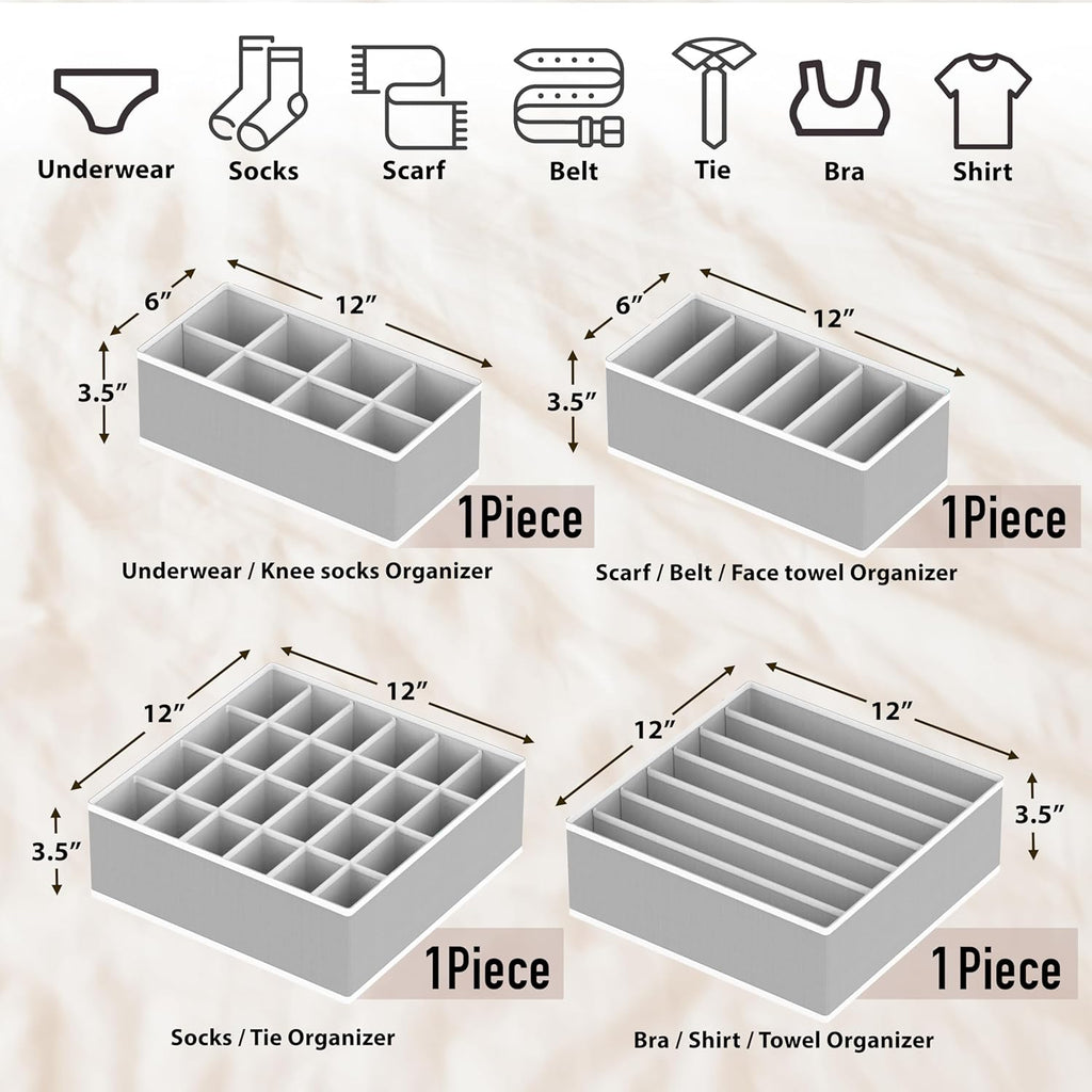 Simple Houseware Drawer Organizer Set - 4-Pack Foldable Closet Dividers for Underwear, Socks, and Accessories - Gray