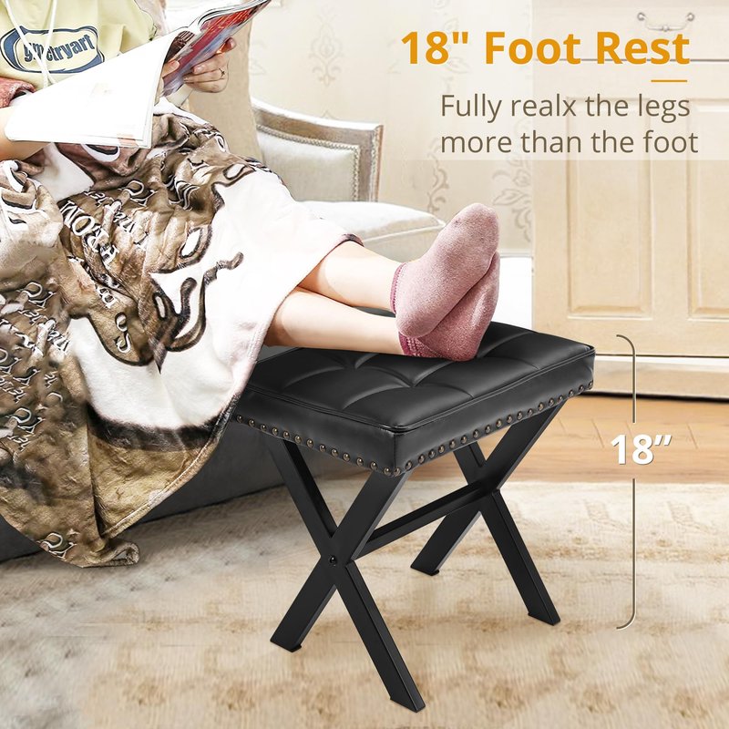 LUE BONA Vanity Stool - Square Faux Leather Makeup Seat With Metal X Legs, Small Ottoman Chair for Makeup Room, Living Room - Modern Padded Foot Rest, Black