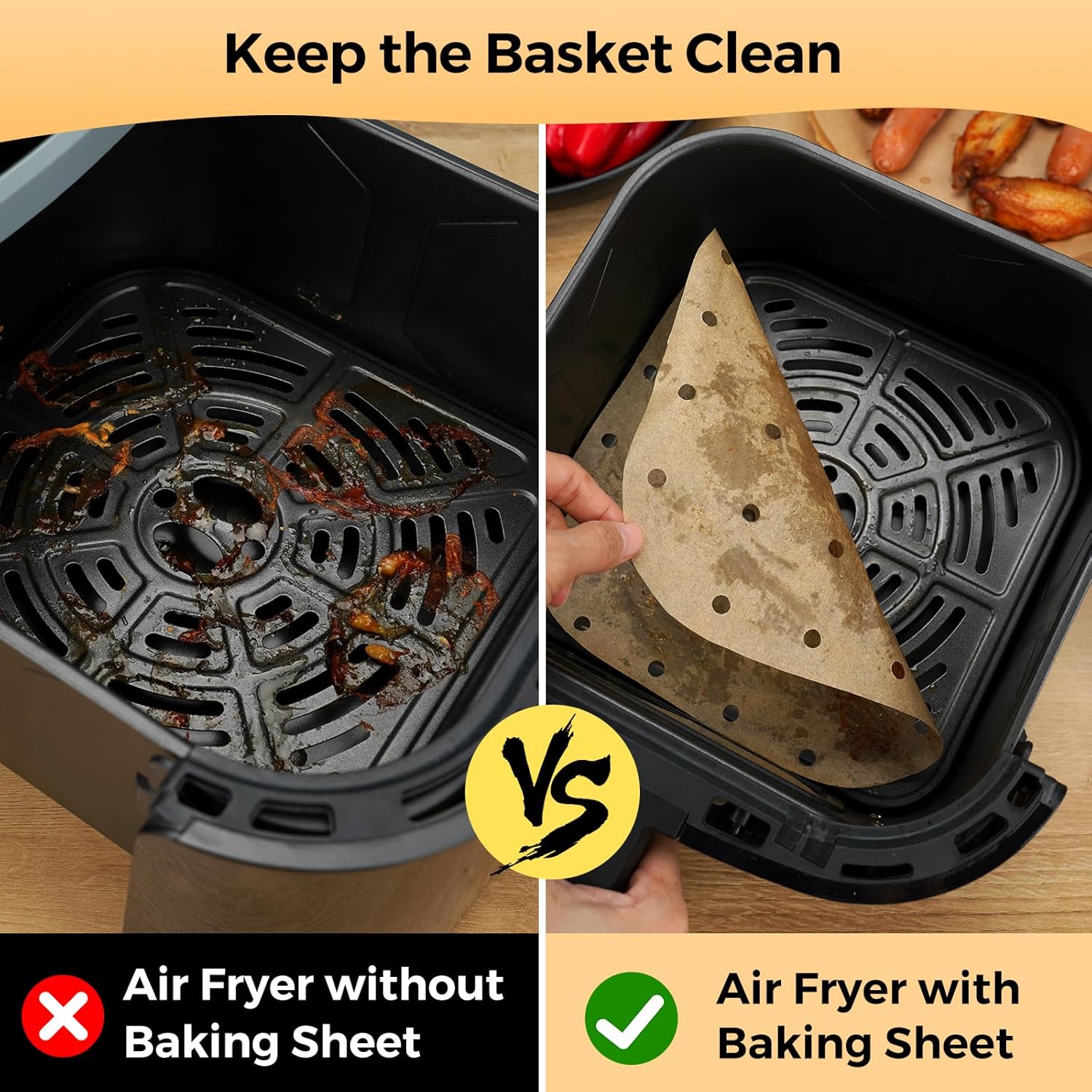 Vailnd Air Fryer Liners - Disposable Unbleached Parchment Paper Sheets | 100 Pcs, 8.5 In Square for 5-8 Qt Air Fryers