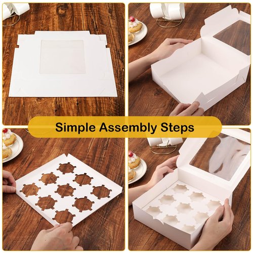 POPUFUN 9-Count White Cupcake Boxes with Window and Insert, 9x9x3 Inch, Set of 8, Suitable for Cupcakes, Muffins, and Cookies