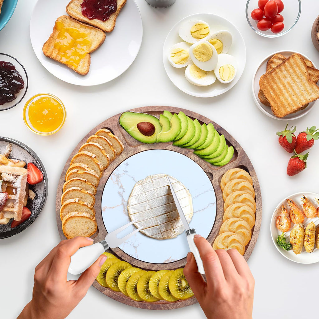 13.5" Round Acacia Wood Cheese & Charcuterie Board Set with Slate Chiller, Hidden Drawer & 420 Stainless Steel Knives/Forks - Ideal Wedding, Housewarming, Birthday Gifts