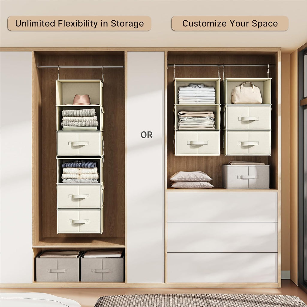 Vailando 6-Shelf Closet Organizer - Versatile Hanging Storage with 3 Drawers | Beige Wardrobe Solution