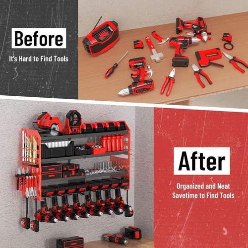 Large Power Tool Organizer by [Brand Name] - Heavy Duty Wall Mount with Charging Station & 8 Drill Holders | Red