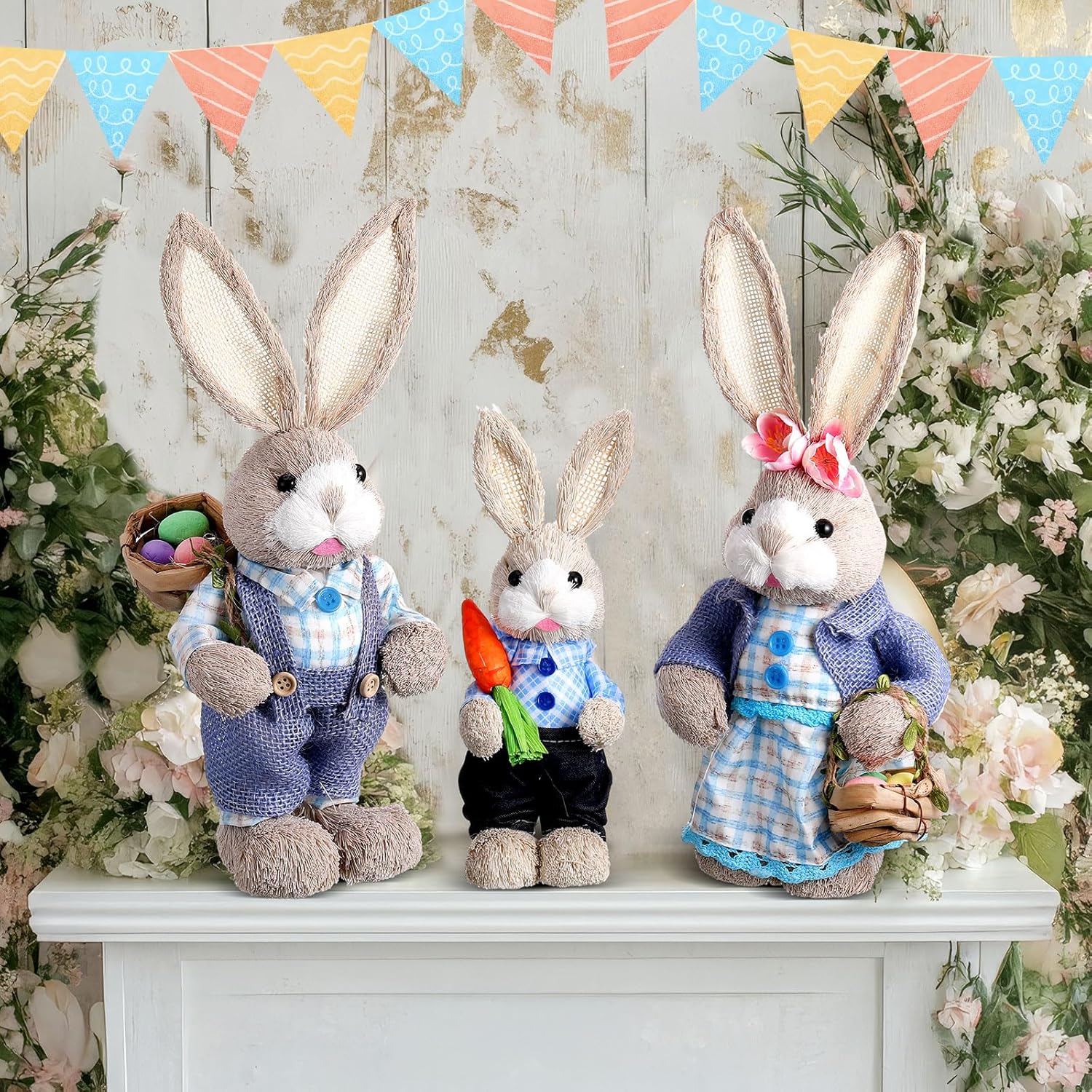 Wesiti Easter Bunny Decorations - Set of 3 Natural Sisal Straw Figurines | 13.8" & 9.8" Tabletop Statues