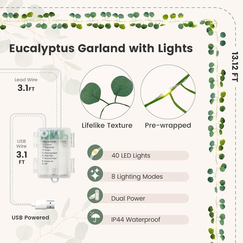 Eucalyptus Garland | 40 LED Fairy Lights with Remote & Timer - Dual Power (USB/Battery), IP44 for Cozy Home Decor
