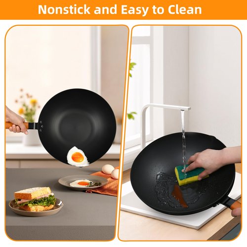 ITSMILLERS 12.5-Inch Carbon Steel Wok with Lid – Pre-Seasoned Flat Bottom Stir-Fry Pan, Nonstick Wok for Induction, Gas, Electric & All Stovetops – Chinese Wok with Glass Lid