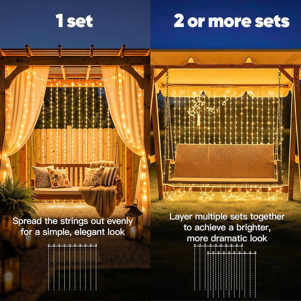 Suddus Solar Tangle-Free Curtain Lights - 200 LED Waterproof Hanging Lights for Christmas & Events