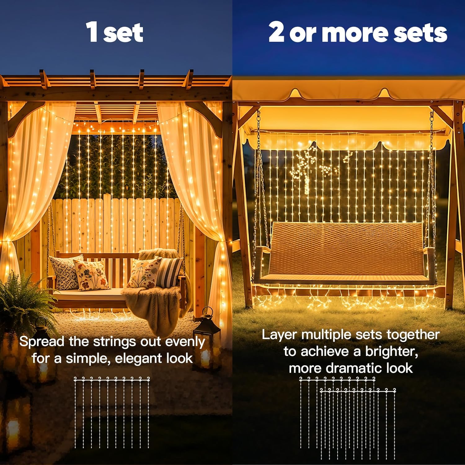 Suddus Solar Tangle-Free Curtain Lights - 200 LED Waterproof Hanging Lights for Christmas & Events