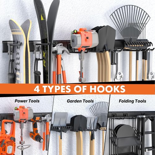 Garage Tool Organizer - 48" Heavy Duty Metal Storage Rack | Adjustable Hooks for Rakes, Brooms & More