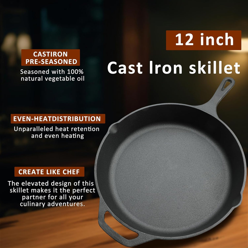Skiennix 12-Inch Cast Iron Skillet - Pre-Seasoned Frying Pan for Oven, Stovetop & Grill | Durable Non-Toxic Cookware