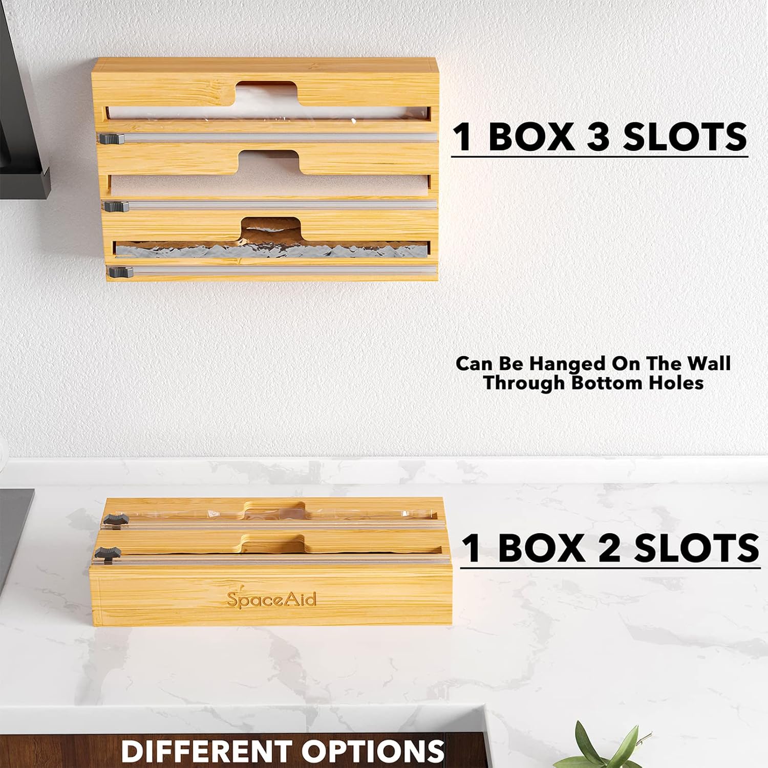 SpaceAid WrapNeat 3-in-1 Wrap Organizer - Cutter & Labels for Kitchen Storage | Fits 12" Rolls (Natural)