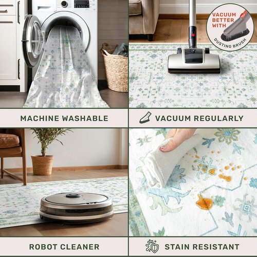 Hazo Haus Washable Oushak 2x6 Bathroom Runner Rug - Eclectic Boho Floral Design, Non-Slip & Stain Resistant in Cream Green