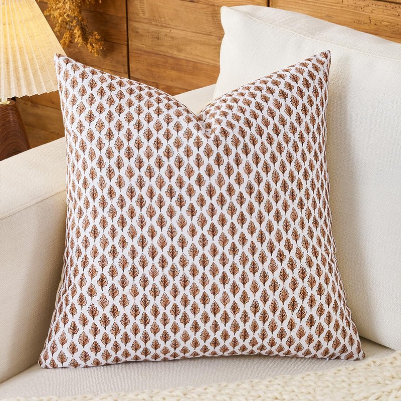 Brown Large Pillow Covers 24x24, 100% Cotton Block Print Leaf Pillows, 1 Pack Farmhouse 24 x 24 Patio Couch Pillow Covers, Cute Cozy Aesthetic Fall and Winter Room Decor (No Pillows Inserts)