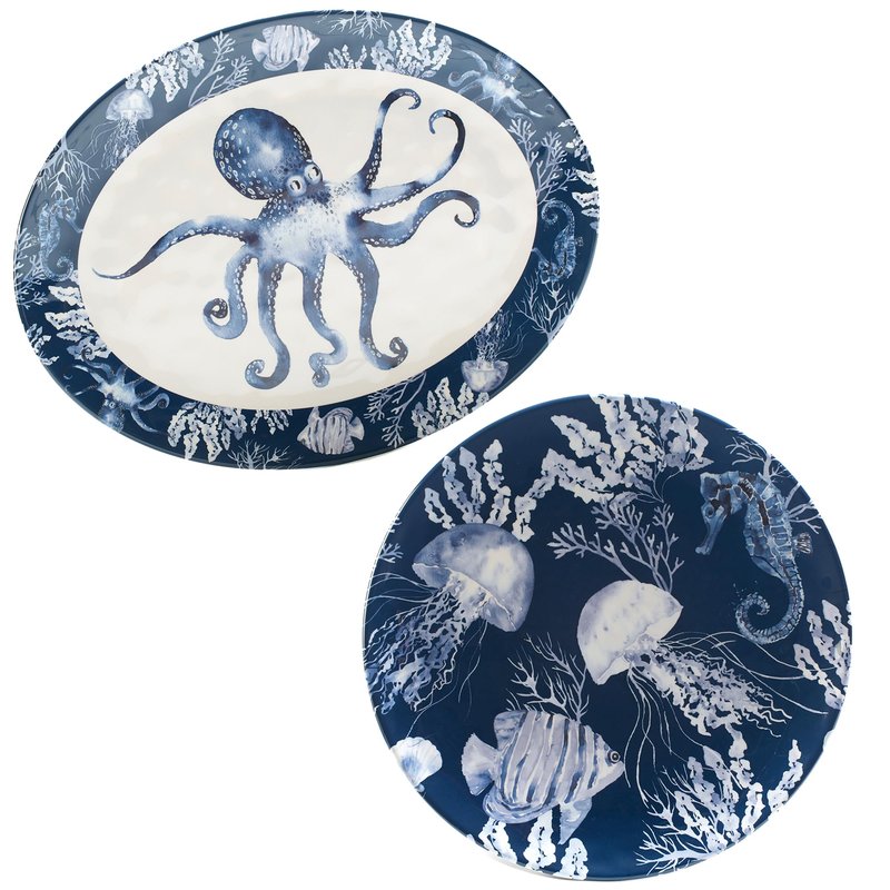 Sea Life Melamine 2-Piece Platter Set – Coastal Nautical Oval and Round Serving Trays with Octopus & Ocean Creatures, Break-Resistant Beach House Tableware, Dishwasher Safe, Indoor/Outdoor Use