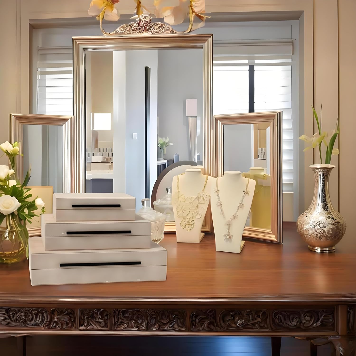 Skiennix Decorative Boxes - Set of 3 Faux Leather Storage Solutions | Large Ivory Nesting Organizers for Home Decor & Jewelry