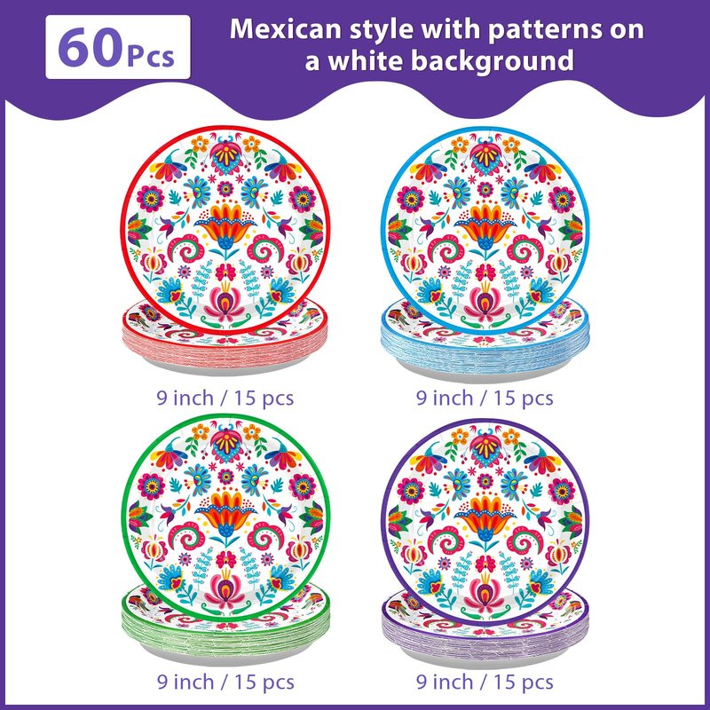 Grencian 60Pcs Mexican Fiesta Paper Plates 9" Heavy Duty Disposable White Mandala Floral Platters Cinco de Mayo Dessert Plates for Cinco De Mayo Taco Tuesday Birthday Party Supplies Decoration