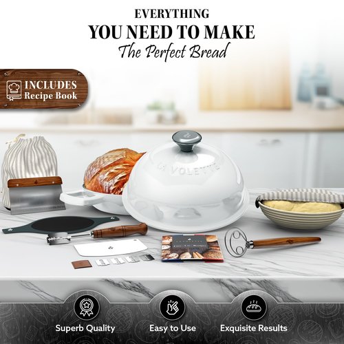 Enameled Cast Iron Bread Pan With Lid 9 Piece Complete Bread Baking Set | Dutch Oven for Bread Baking | 10 Inch Bread Oven with Lid | Thick Enamel | Silicone Baking Mat | Banneton | 6 Quart (white)