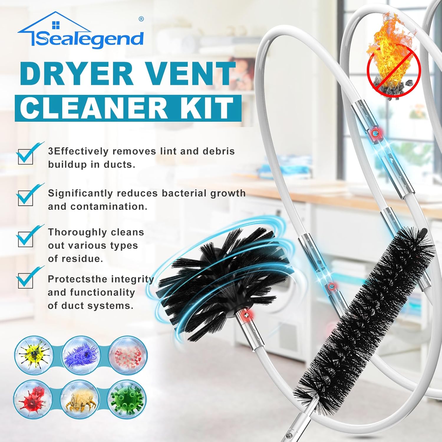 Sealegend Dryer Vent Cleaner Kit - 40 Feet Flexible Brush with Quick-Snap Drill Attachment | Lint Remover & Chimney Brush