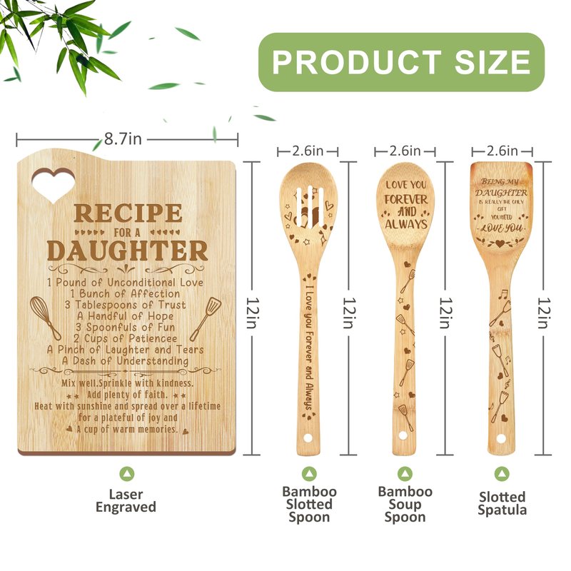 Daughter Gifts, Daughter Kitchen Gifts from Mom, Valentines Day Gift Wooden Cutting Board with Cooking Utensils Set with Apron, Great Daughter Mother's Day Gift
