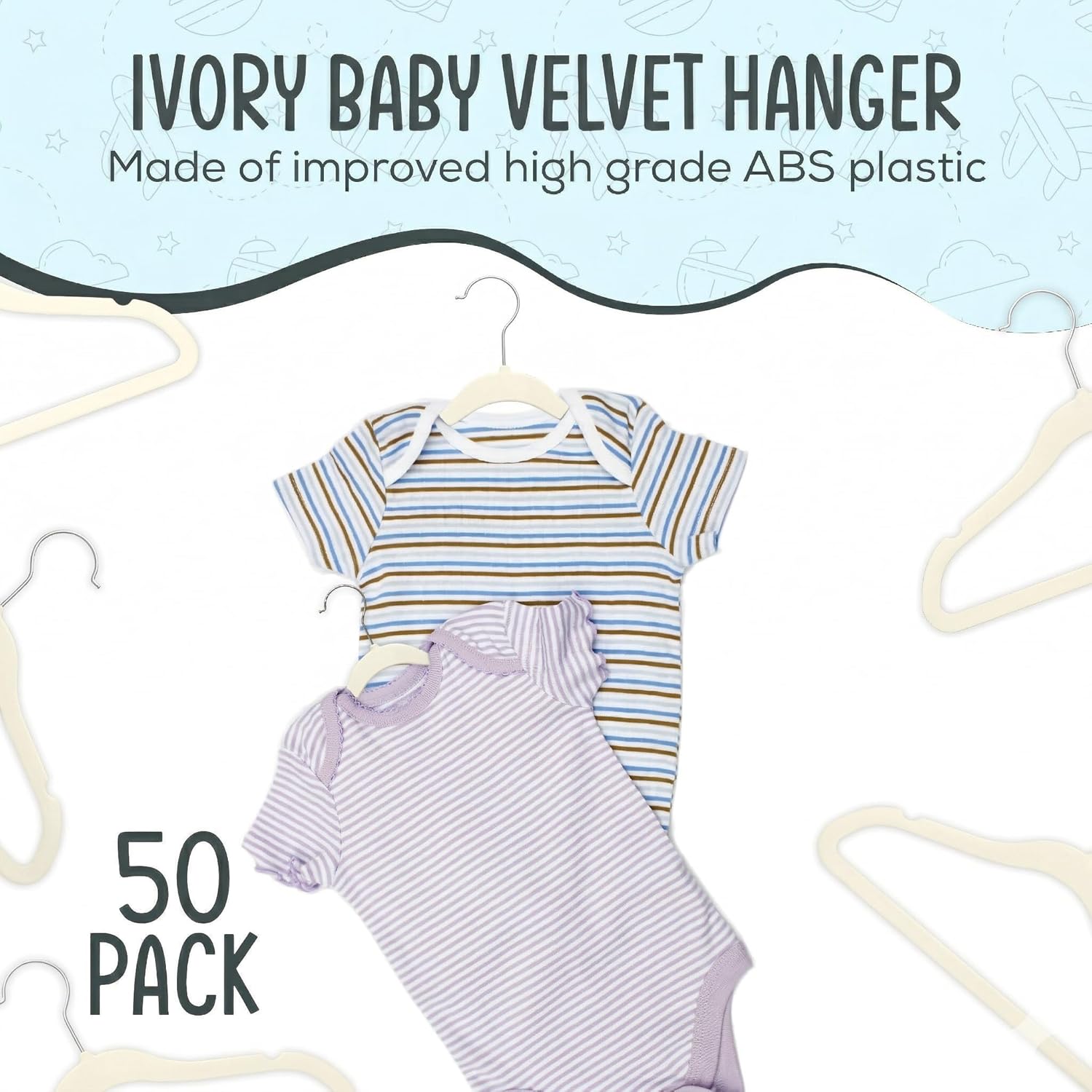TechZoo 50 Premium Baby Velvet Hangers - Non-Slip, Ultra-Slim Closet Organizers - 360° Swivel Hook, Ivory