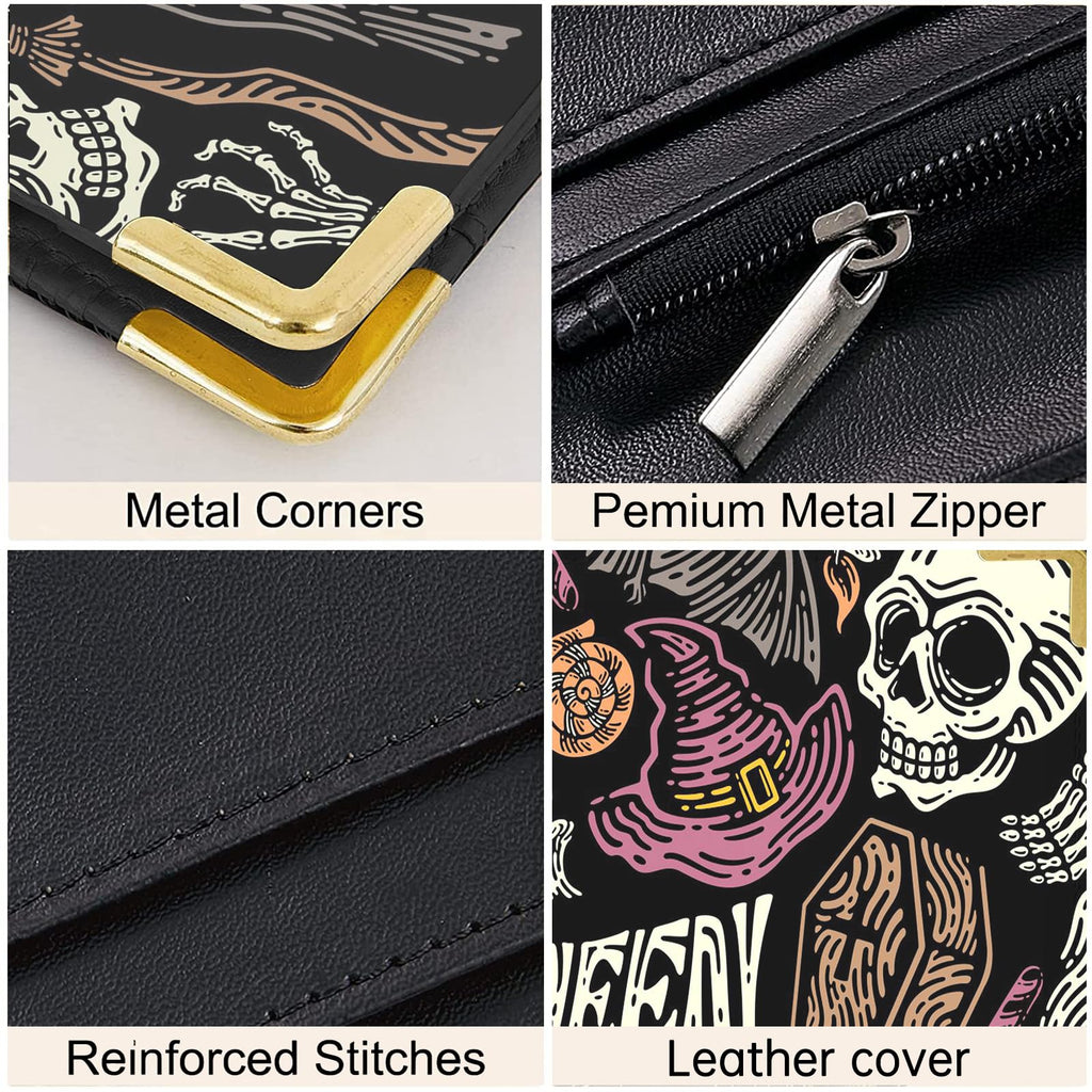 Server Books for Waitress - Halloween Print PU Leather Waiter Book Server Wallet with Zipper Pocket, Skull and Pumpkin Print Waitress Book&Waitstaff Organizer with Money Pocket Fit Server Apron