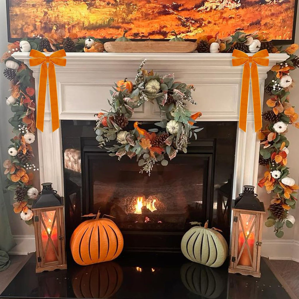 Skiennix 12Pcs Fall Velvet Ribbon Bows - 5in x 10in Orange Christmas Ornaments for Home Decor