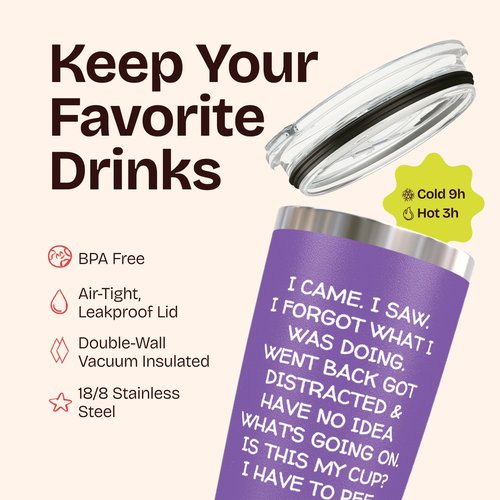 KLUBI Fun Birthday Gifts for Women - I Came I Saw I Forgot Tumbler 20oz Purple Drinking Cups for Elderly Senior Citizen Tumbler I Came I Saw I Forgot Coffee Mug 40 Year Old Gag Gift for Female Her