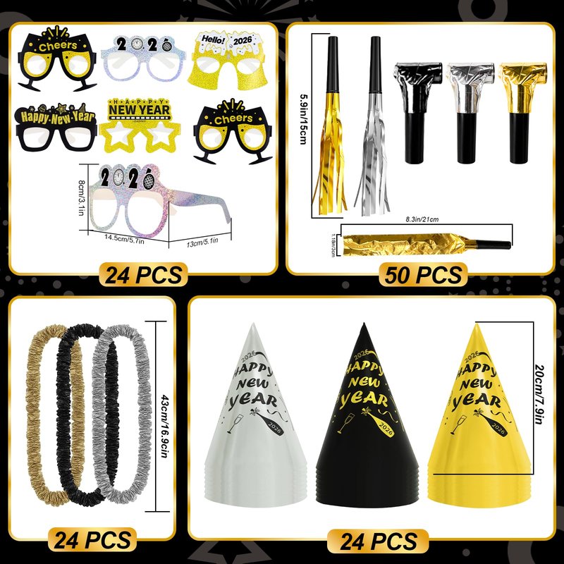 New Years Eve Party Supplies 2026 - Happy New Year Party Supplies Kit for 50 Guests, Including Hats, Glasses, Les, Beads, Squakers, a Backdrop and a Banner, Great New Yeras Decorations