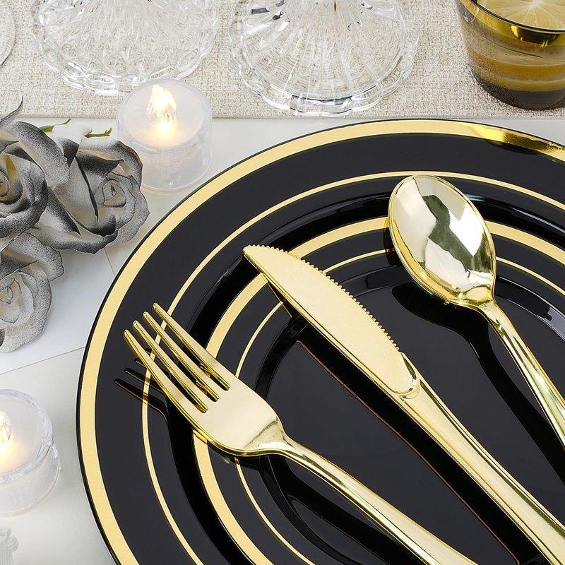 realluck 350 PCS Pink Plastic Dinnerware Set for 50 Guests, 100 Disposable Plates for Party, 50 Pre Rolled Napkins with Gold Silverware, 50 Cups for Wedding, Graduation
