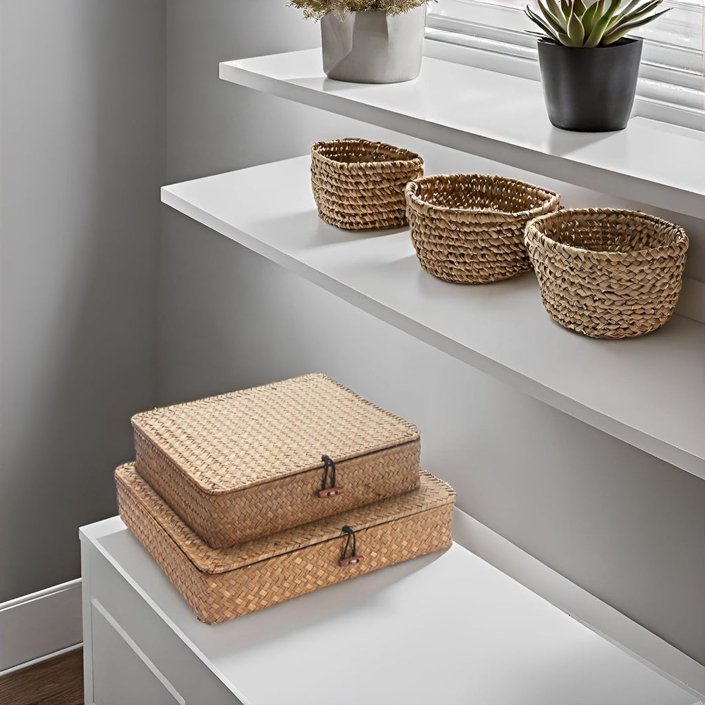 Seagrass Storage Baskets - Decorative Woven Baskets with Lid for Organizing | Shallow Design