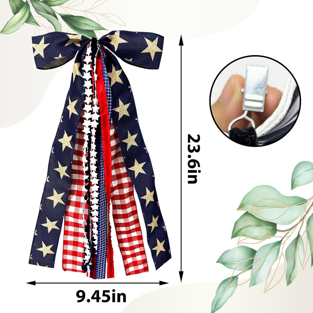 Skiennix Large Patriotic Star Ribbon Bow - Red White Buffalo Plaid Fabric Set for 4th of July Decor