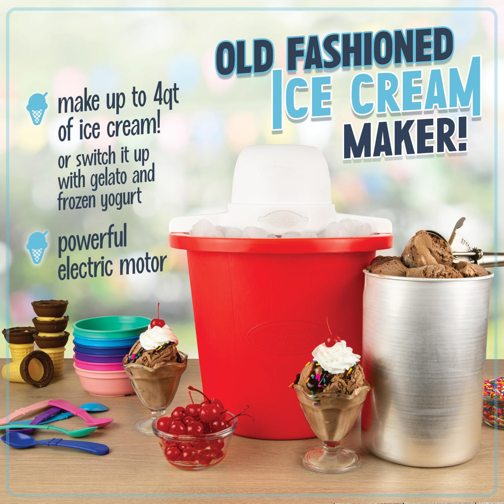 Nostalgia Electric Ice Cream Maker – Parlor Style, Old Fashioned Soft Serve Ice Cream Machine Makes Frozen Yogurt or Gelato in Minutes - Fun Kitchen Appliance – Red - 4 Quart