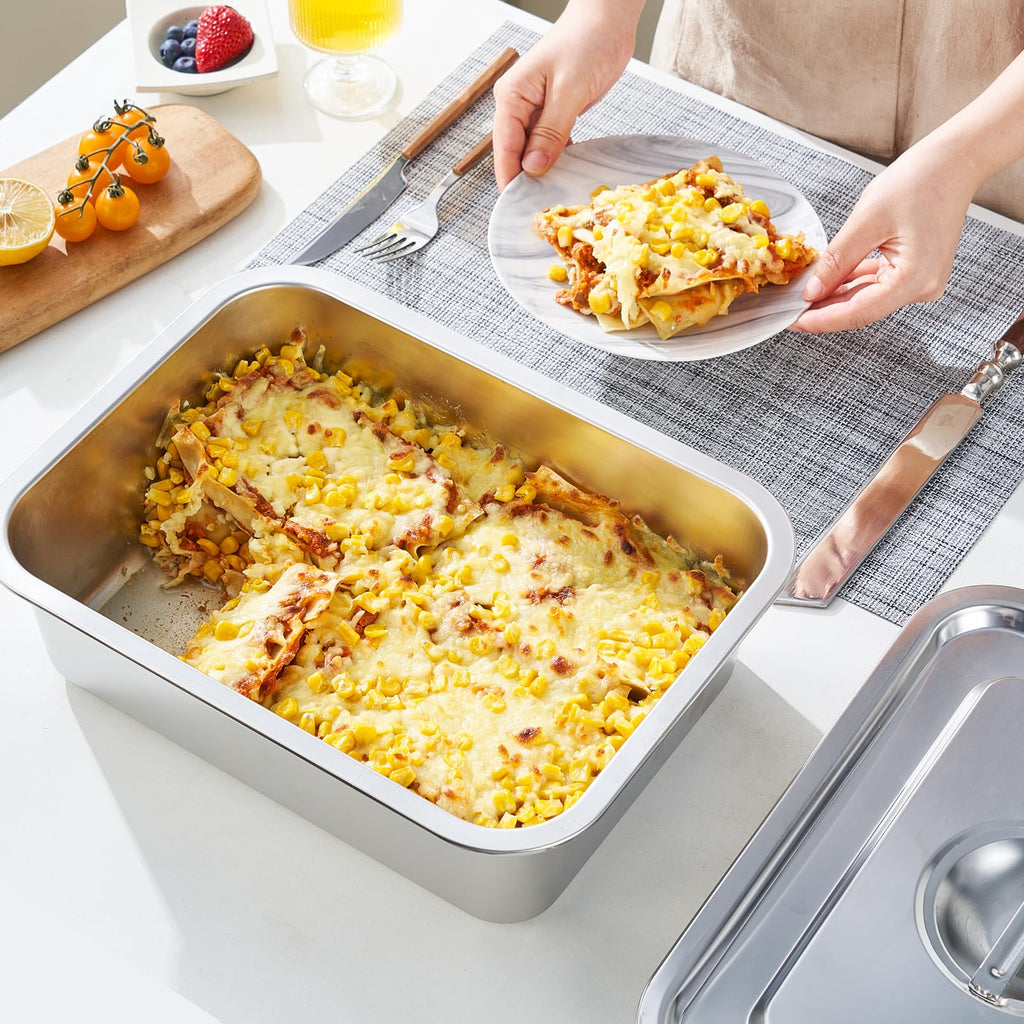 4-Piece 4 Inch Extra Deep Lasagna Baking Pan with Lid, 11x14 Inch 7.4QT Large Stainless Steel Nonstick Lasagna Baking Roasting Pans Casserole Dishes for Oven with Lids(M, 2 Pack)