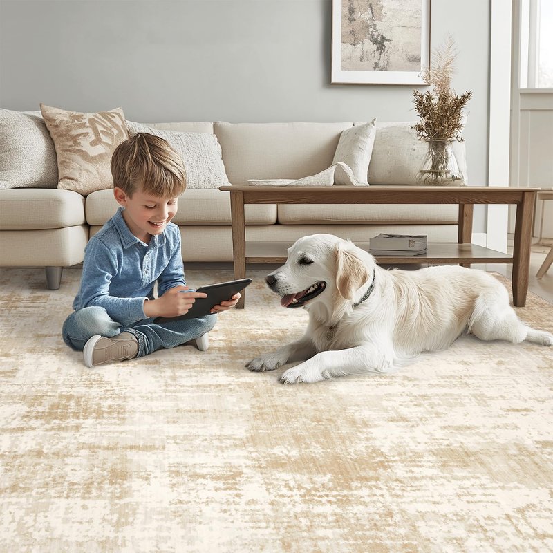 Area Rug Living Room Rugs: 8x10 Machine Washable Rug Large Abstract Modern Soft Non Slip Carpet Indoor Thin Low Pile Carpets for Bedroom Under Dining Table Home Office Farmhouse Decor Beige
