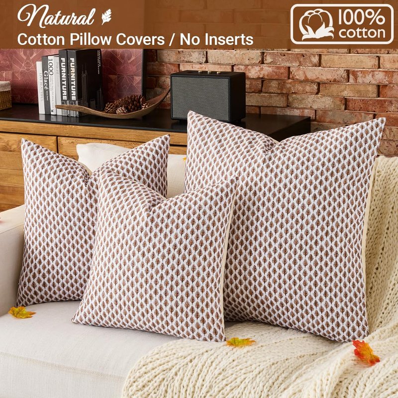 Brown Large Pillow Covers 24x24, 100% Cotton Block Print Leaf Pillows, 1 Pack Farmhouse 24 x 24 Patio Couch Pillow Covers, Cute Cozy Aesthetic Fall and Winter Room Decor (No Pillows Inserts)