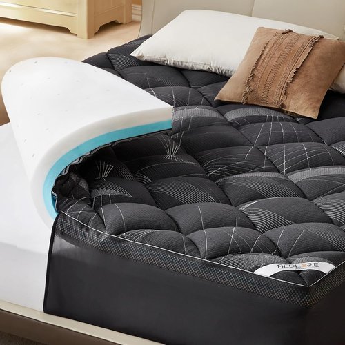 Bedlore Queen Mattress Topper - 4-Inch Dual Layer Gel Memory Foam & Cooling Pillow Top for Back Pain Relief - Gray