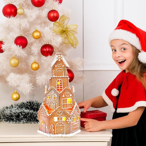 Beeveer LED Christmas Gingerbread House Decoration - Charming Resin Village Set | 5 x 5 x 8.25 Inch