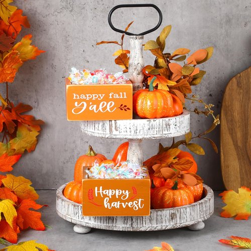 Colingmill 2 Pcs Thanksgiving Candy Dish Mini Wooden Thanksgiving Candy Bowl Thankful Blessed Harvest Orange Candle Holder Farmhouse Bowls Party Supplies for Housewarming Gift(Orange,Gold,Fall)