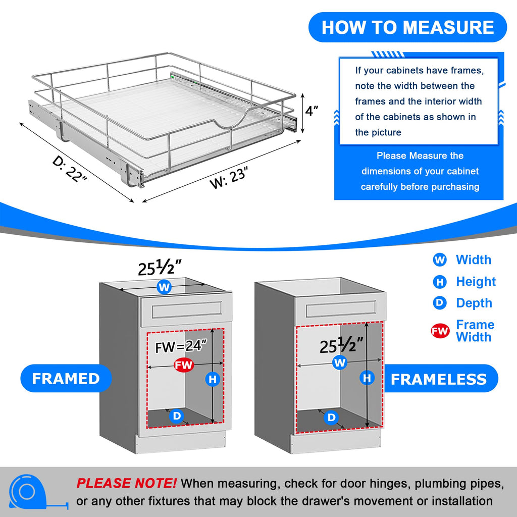WelFurGeer Soft Close Slide Out Cabinet Shelf, 23" W x 22" D Pull Out Drawers for Kitchen Cabinets, Kitchen Shelf Organizer, Cupboard Organizers and Storage, Under Cabinet Pull Out Shelves