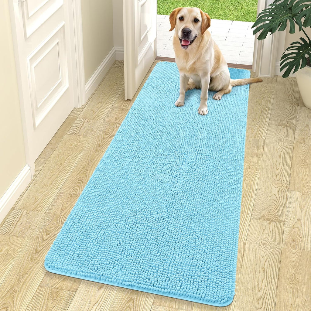 OLANLY Dog Door Mat - Absorbent Non-Slip Washable Chenille Mat for Muddy Paws | 70x24, Blue