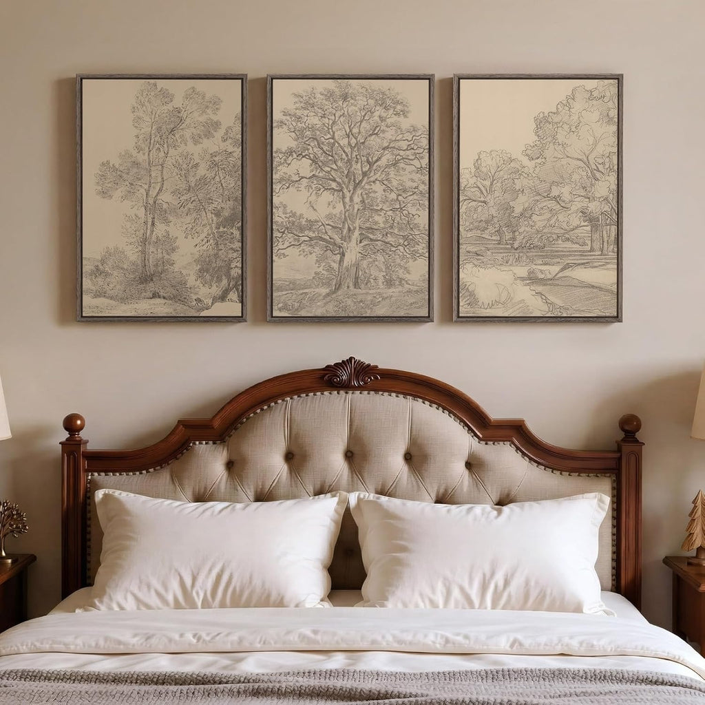 Regine Switzerland Framed Vintage Tree Sketch Set - Rustic Antique Brown Canvas Wall Art | 16x24 In