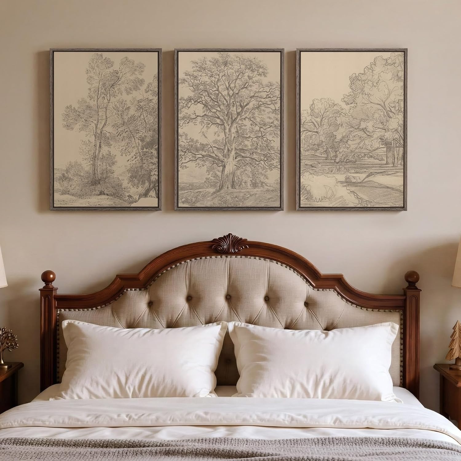 Regine Switzerland Framed Vintage Tree Sketch Set - Rustic Antique Brown Canvas Wall Art | 16x24 In