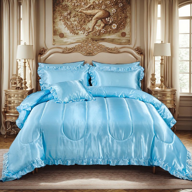Satin Comforter Set with Sheet Set Full 8 Pcs Silk Like Pink Bedding Set Silky Ruffle Pattern Luxury Silky Comforter Set with 1 Cushion Cover