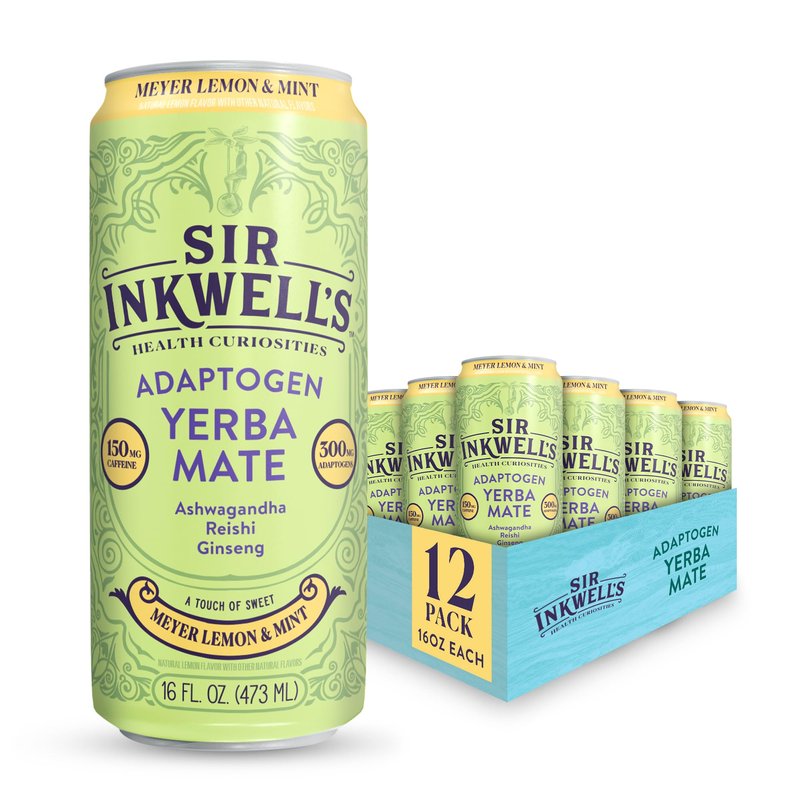 SIR INKWELL'S Adaptogen Yerba Mate Tea | Healthful Energy + Productivity 150 mg Organic Caffeine | 300mg Ashwagandha Reishi Ginseng | Non-GMO Certified | Meyer Lemon & Mint 16oz 12pk