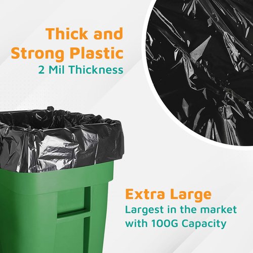 PlasticMill Heavy Duty Trash Bags - Black Garbage Bags - Plastic Trash Bags for Large Rolling Trash Bins - Tall Trash Bags - 100-Gallon Large Kitchen Trash Bags, 2 Mil, 67"x79" (10-Count)